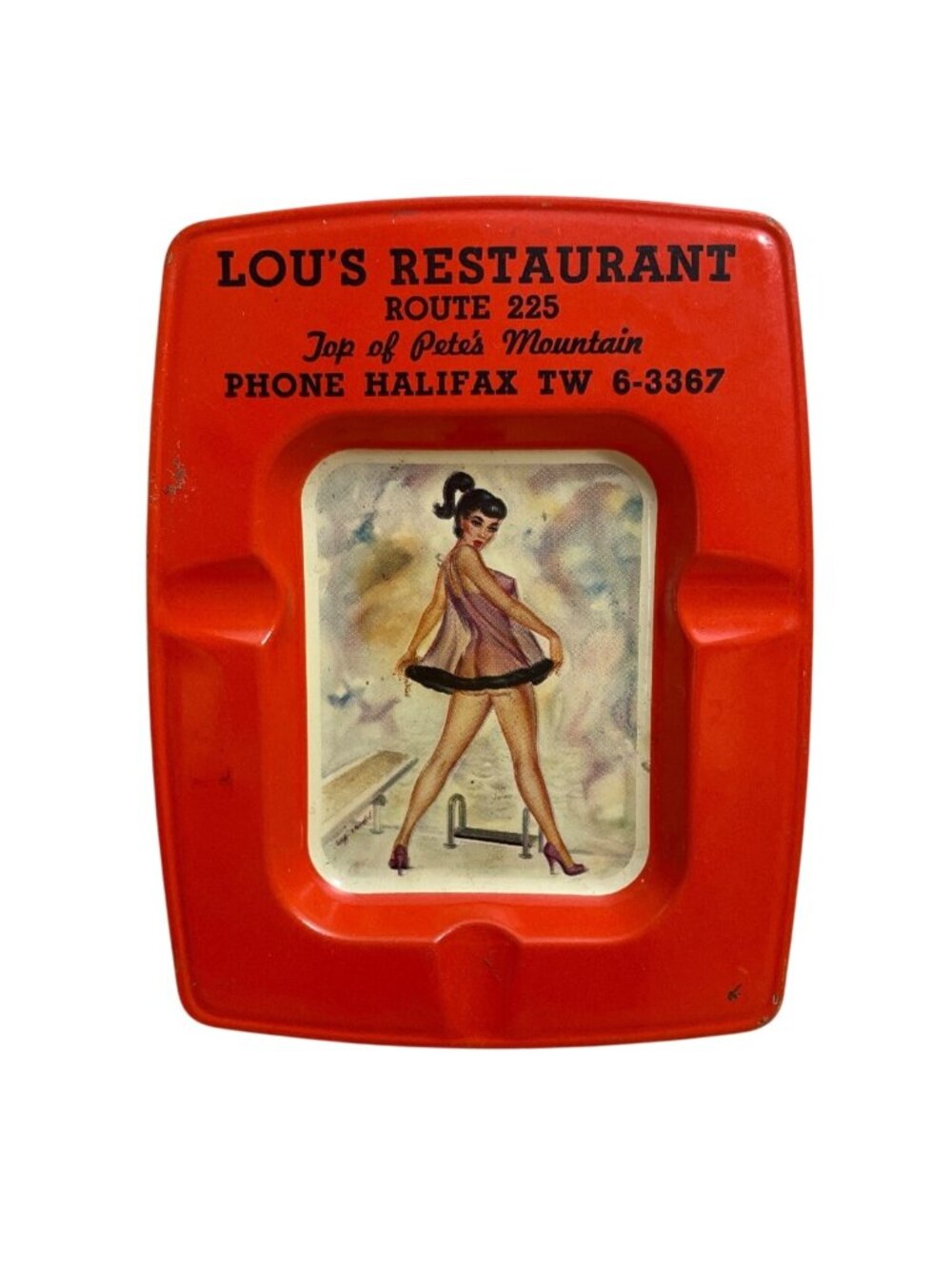 Vtg Pinup Advertising Metal Tin Ashtray Lous Restaurant Halifax PA Peters Mtn